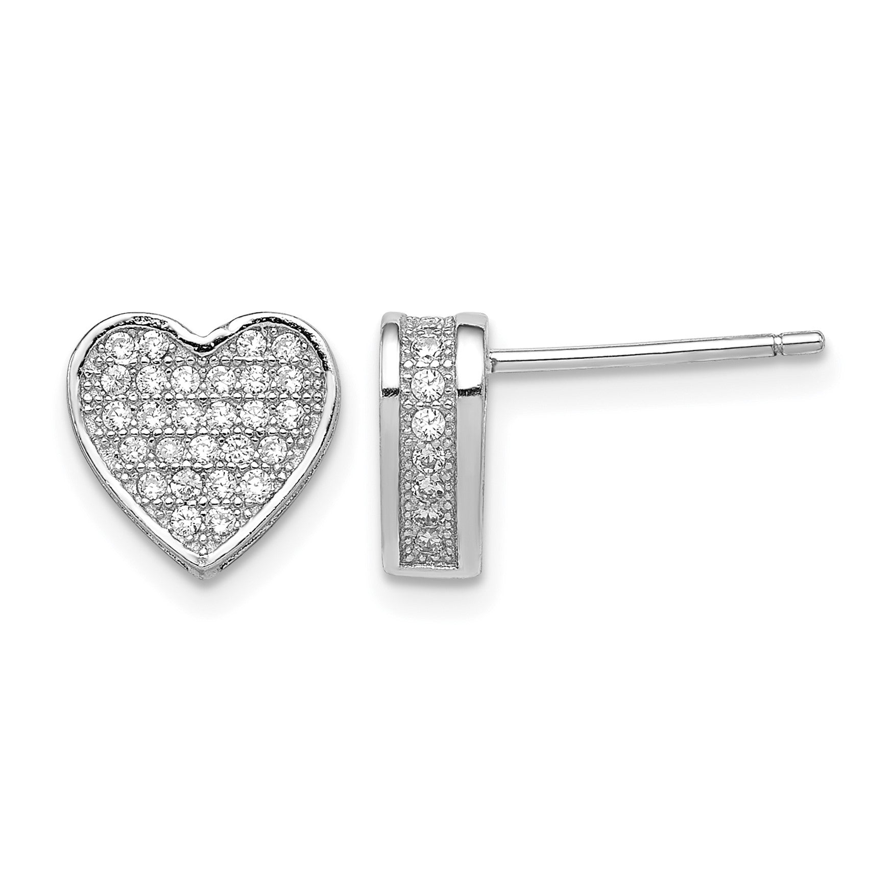 Sterling Silver Rhodium-plated CZ Micro pav� Heart Post Earrings