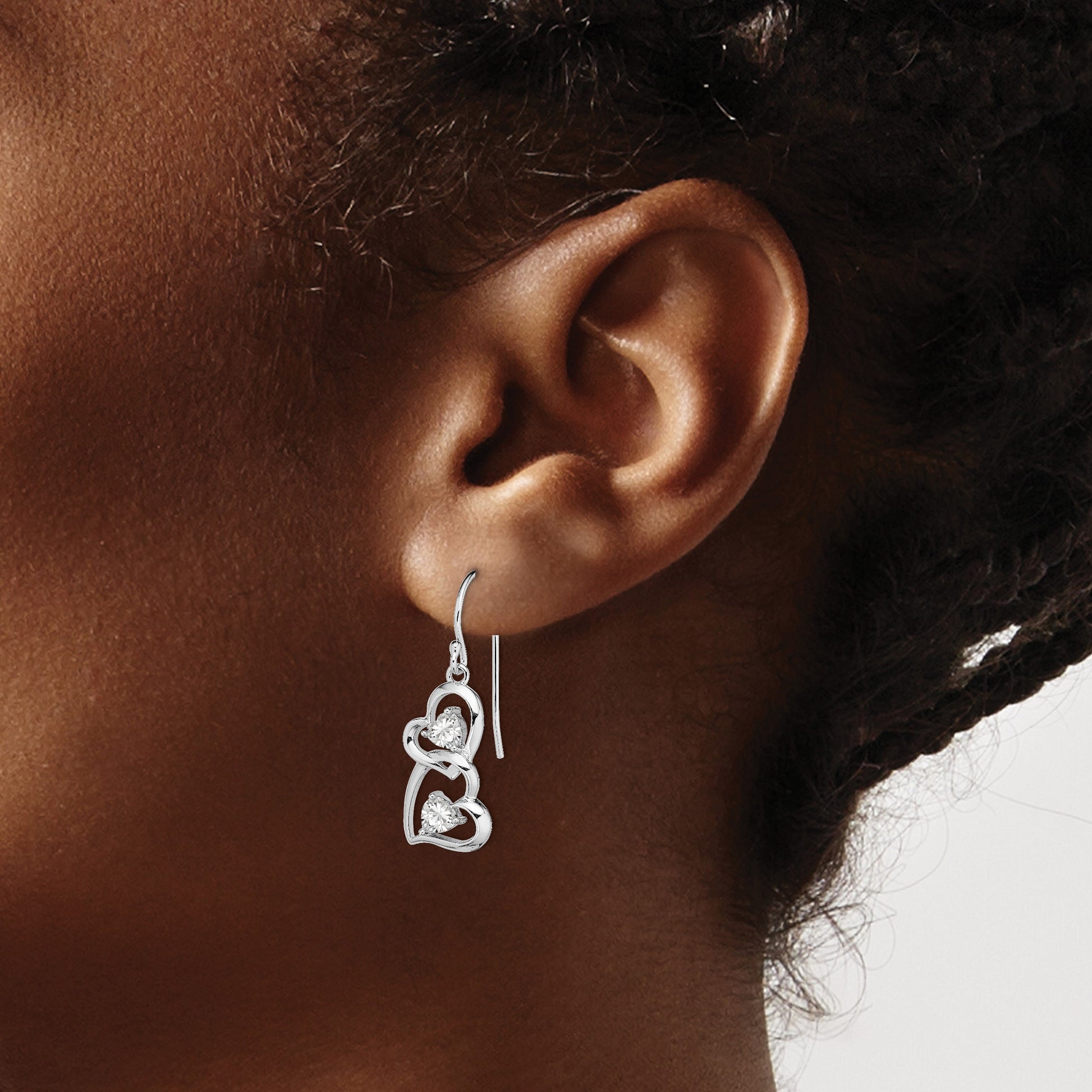Sterling Silver RH-plated CZ Heart Dangle Shepherd Hook Earrings