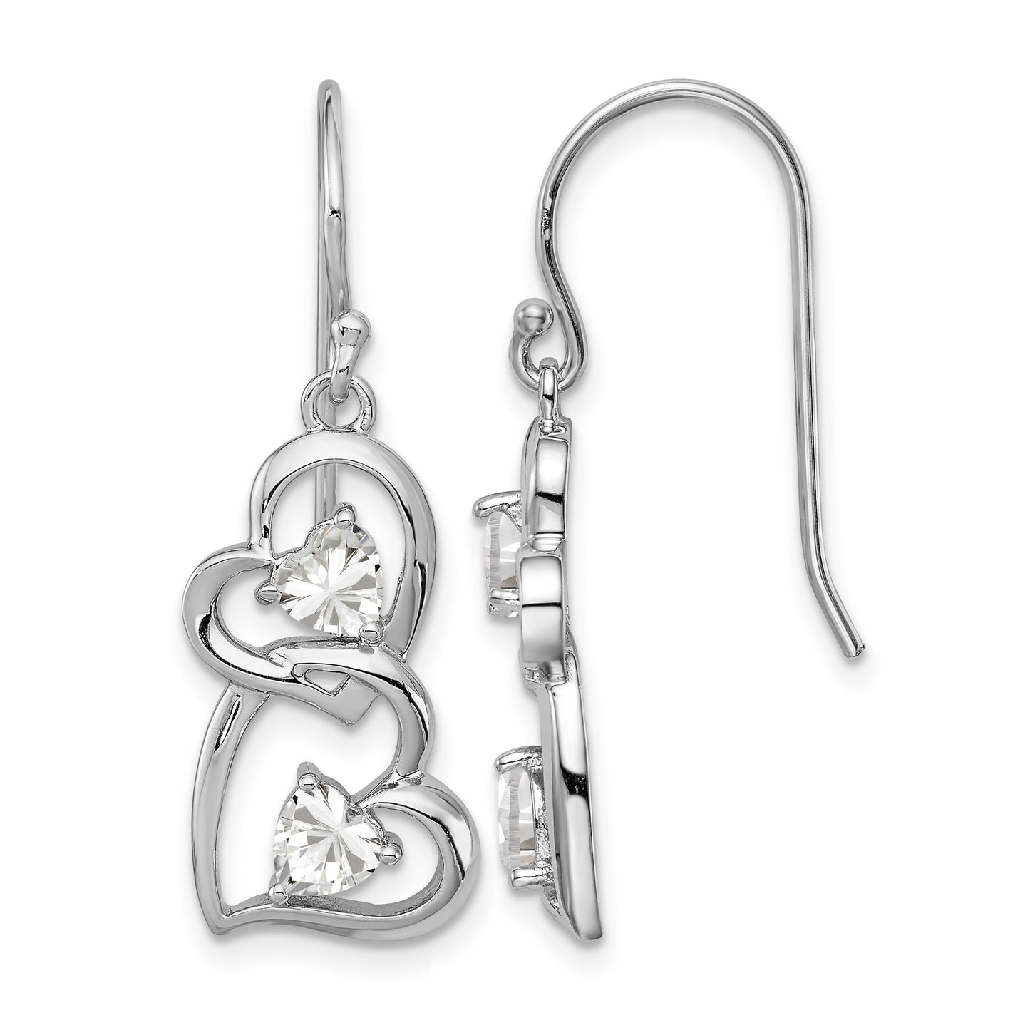 Sterling Silver RH-plated CZ Heart Dangle Shepherd Hook Earrings