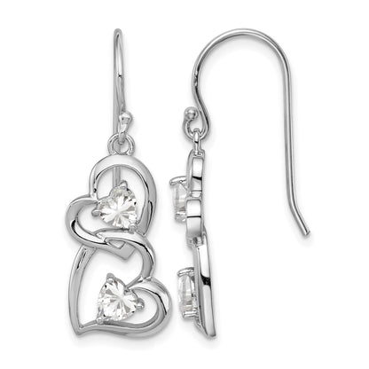 Sterling Silver RH-plated CZ Heart Dangle Shepherd Hook Earrings