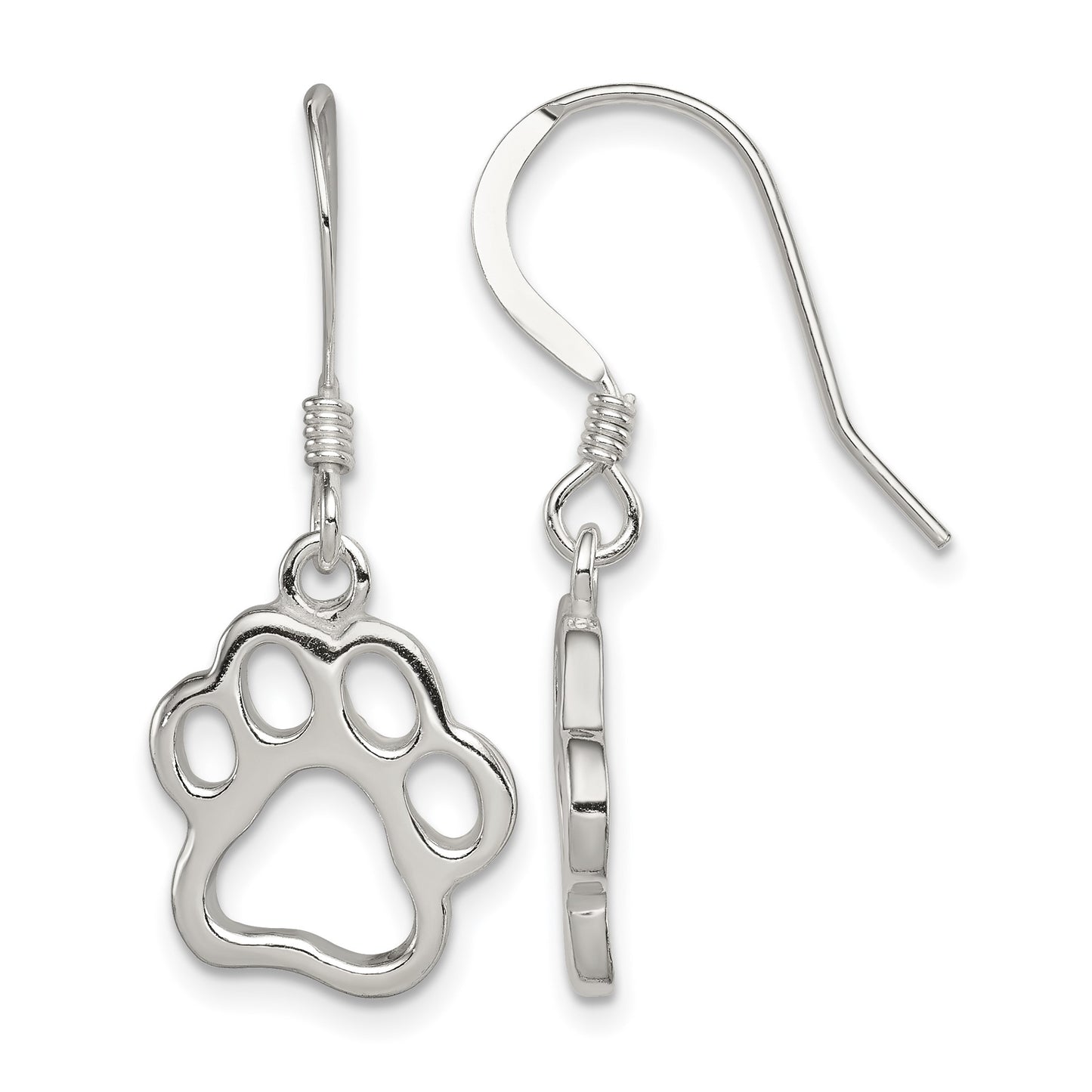 Sterling Silver Polished Paw Print Shepherd Hook Earrings