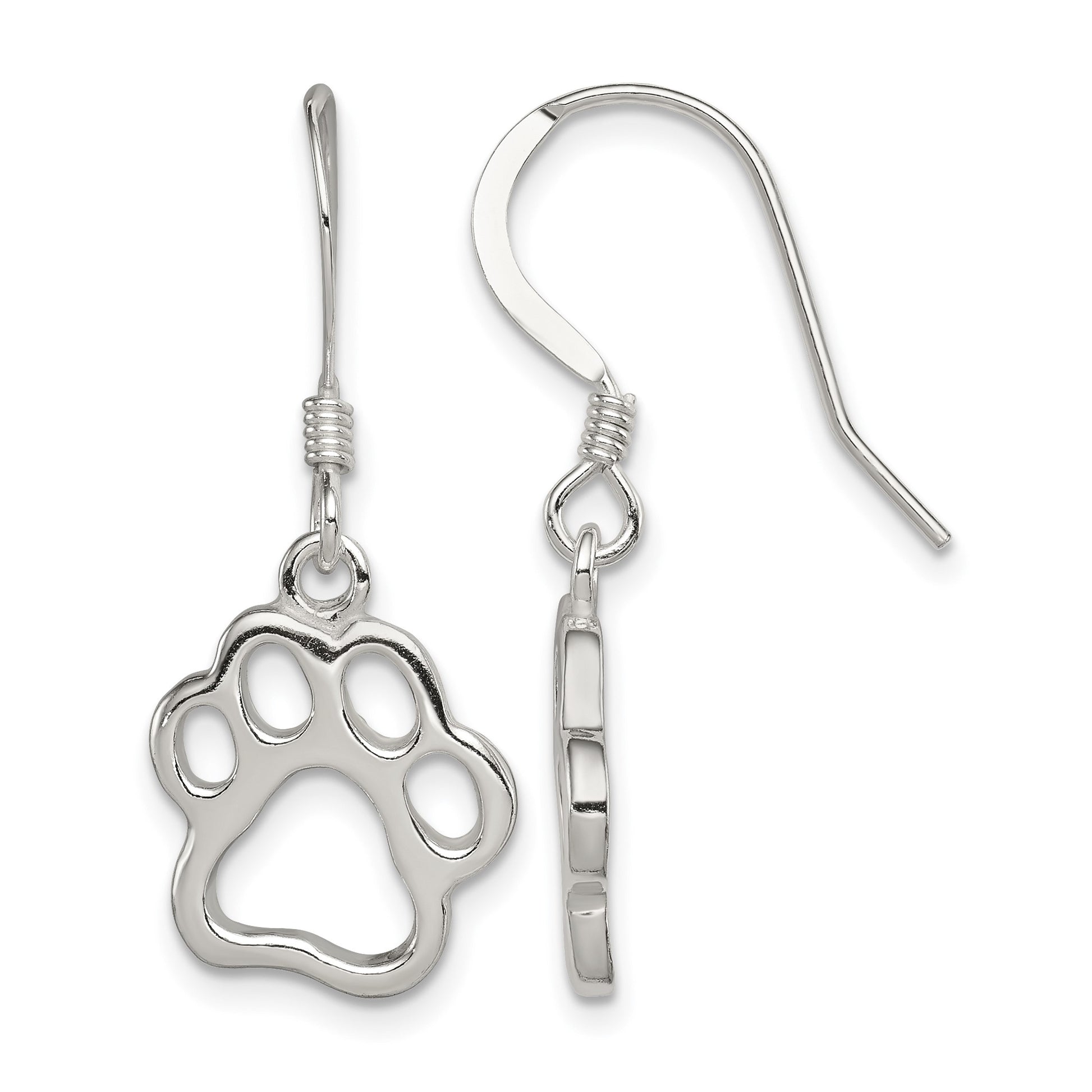 Sterling Silver Polished Paw Print Shepherd Hook Earrings