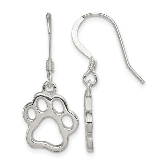 Sterling Silver Polished Paw Print Shepherd Hook Earrings
