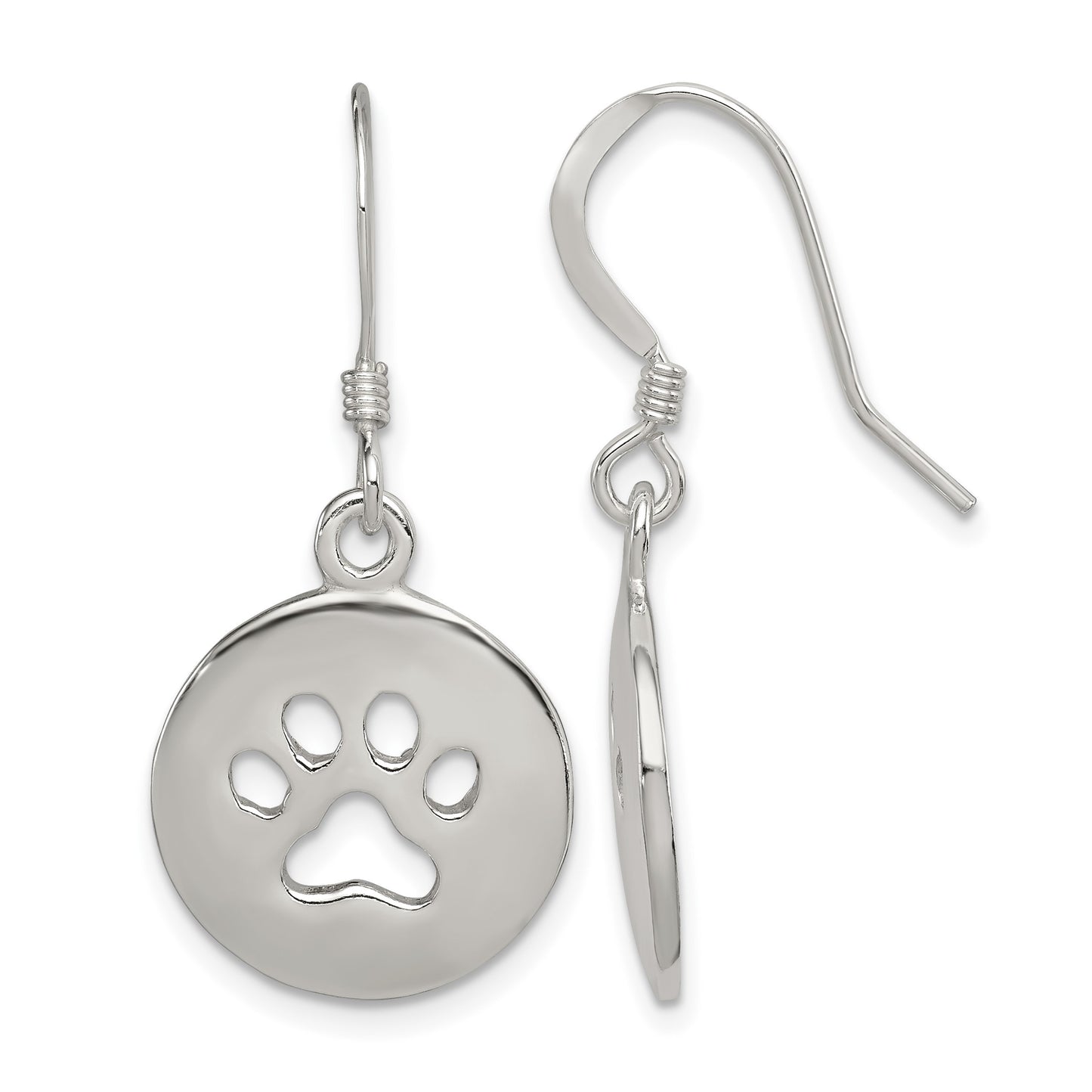 Sterling Silver Polished Paw Print Shepherd Hook Earrings