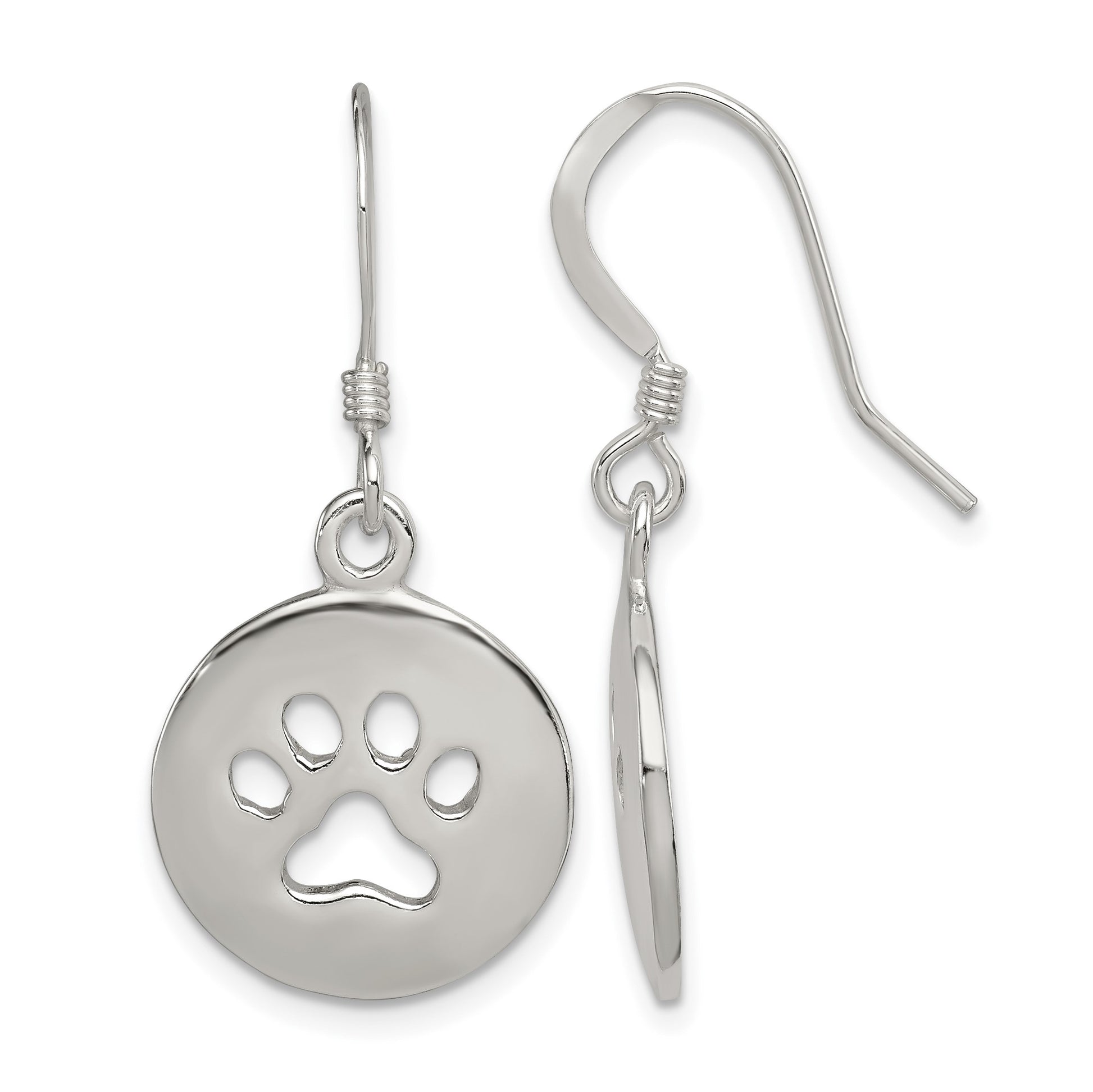 Sterling Silver Polished Paw Print Shepherd Hook Earrings