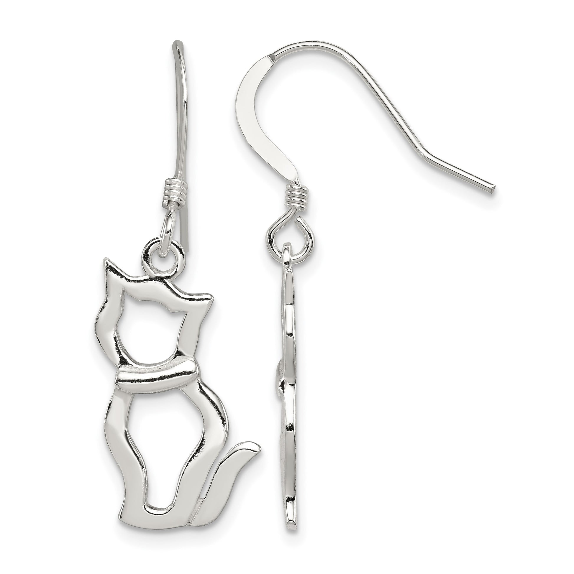 Sterling Silver Polished Cat Shepherd Hook Earrings