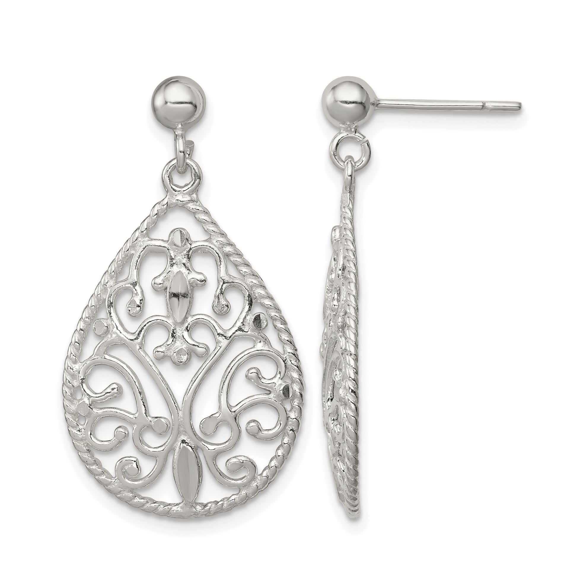 Sterling Silver Polished Twisted & Diamond-cut Teardrop Post Dangle Earring