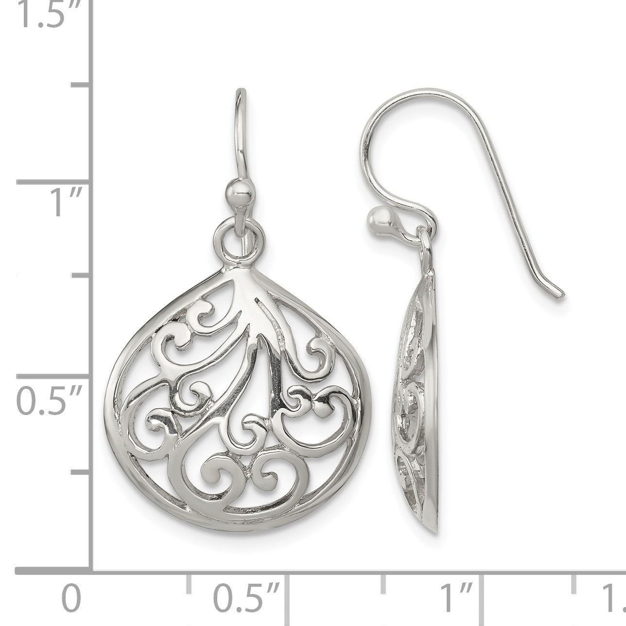 Sterling Silver Polished Filigree Swirl Wide Teardrop Dangle Earrings