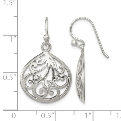 Sterling Silver Polished Filigree Swirl Wide Teardrop Dangle Earrings