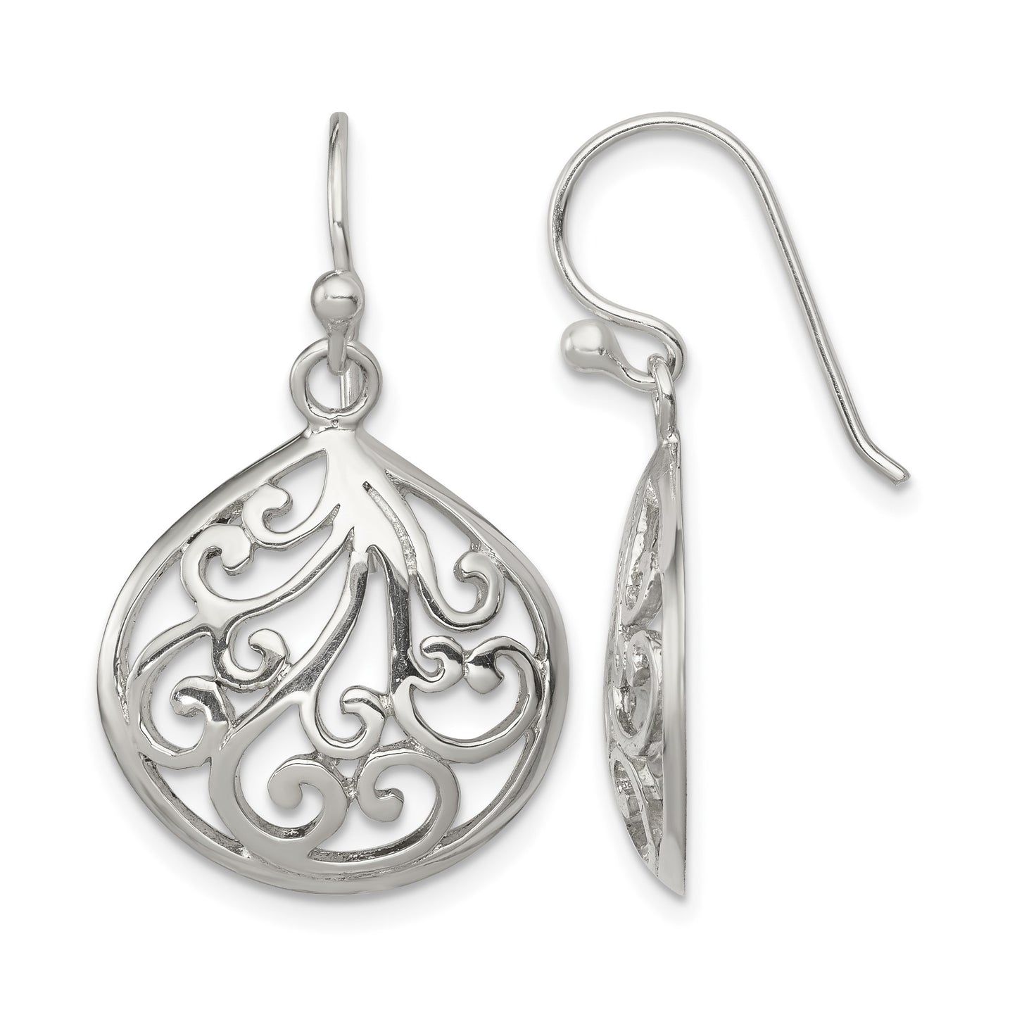 Sterling Silver Polished Filigree Swirl Wide Teardrop Dangle Earrings