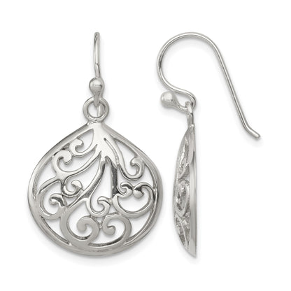 Sterling Silver Polished Filigree Swirl Wide Teardrop Dangle Earrings