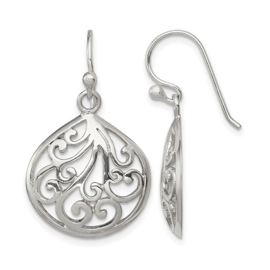 Sterling Silver Polished Filigree Swirl Wide Teardrop Dangle Earrings