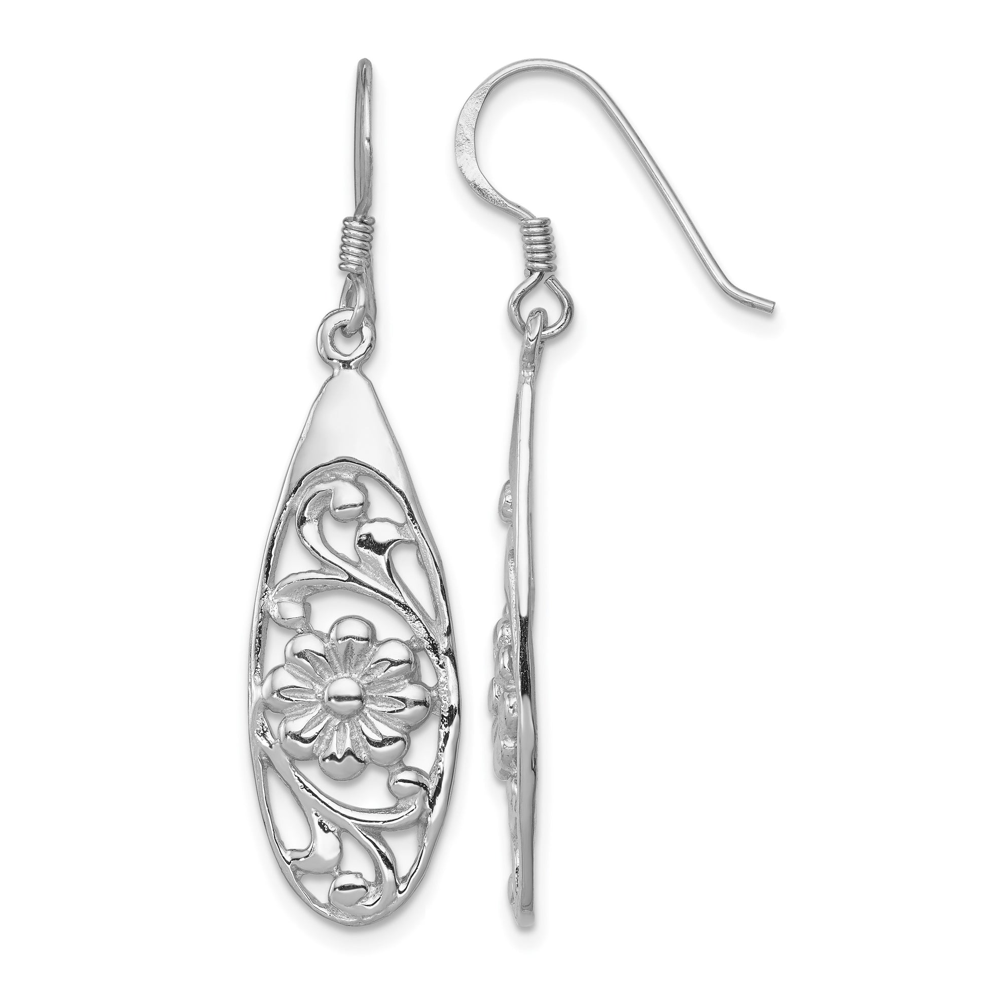 Sterling Silver Rhodium-plated Polished Fancy Flower Dangle Earrings