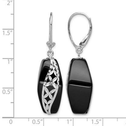 Sterling Silver Rhod-plated Polished & D/C Onyx Leverback Dangle Earrings