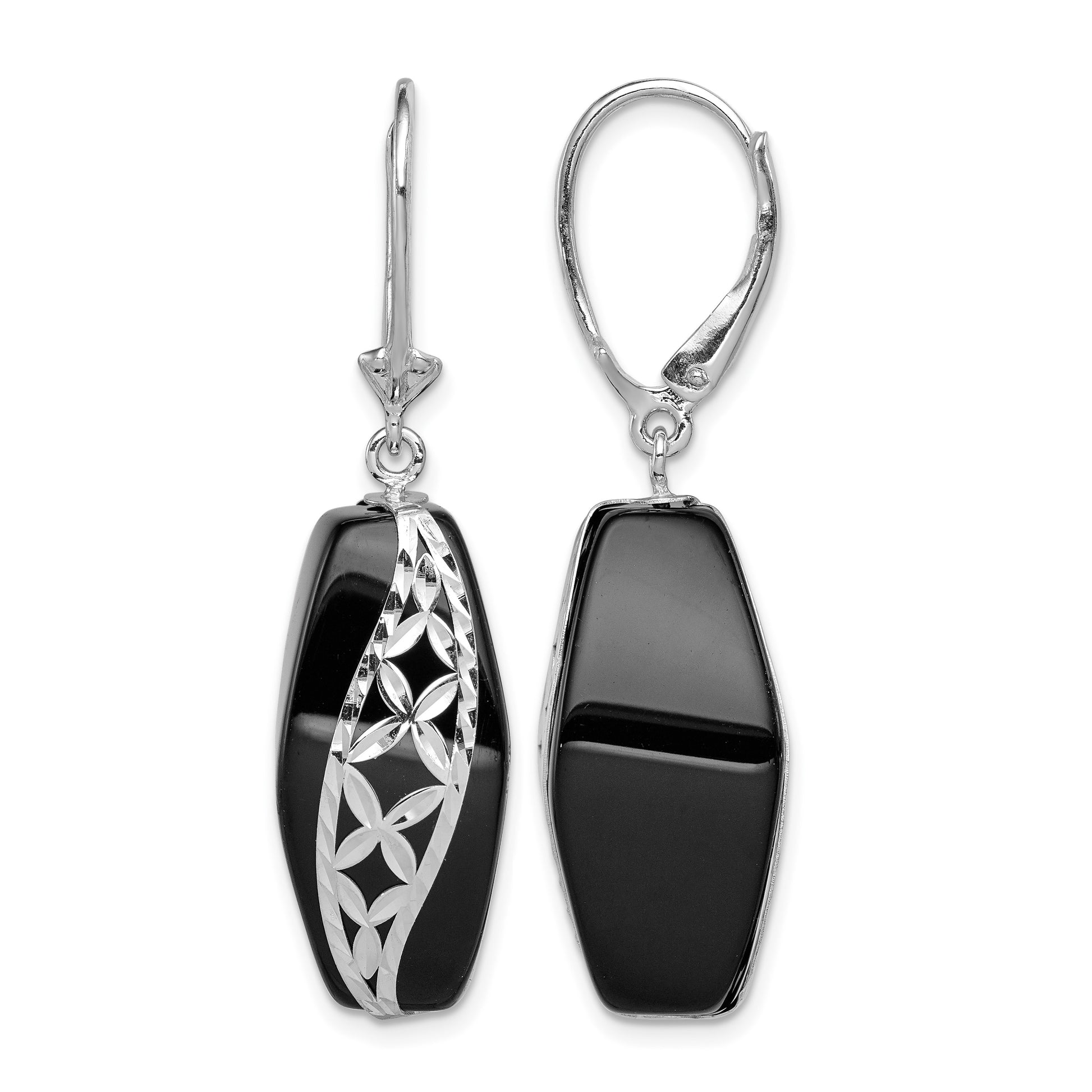 Sterling Silver Rhod-plated Polished & D/C Onyx Leverback Dangle Earrings