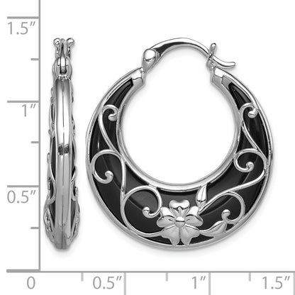 Sterling Silver Rhodium-plated Polished Onyx Floral Round Hoop Earrings