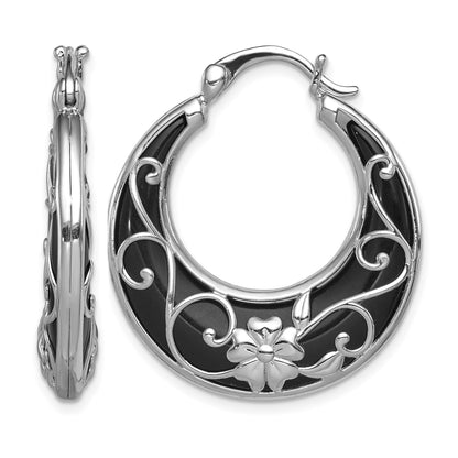 Sterling Silver Rhodium-plated Polished Onyx Floral Round Hoop Earrings