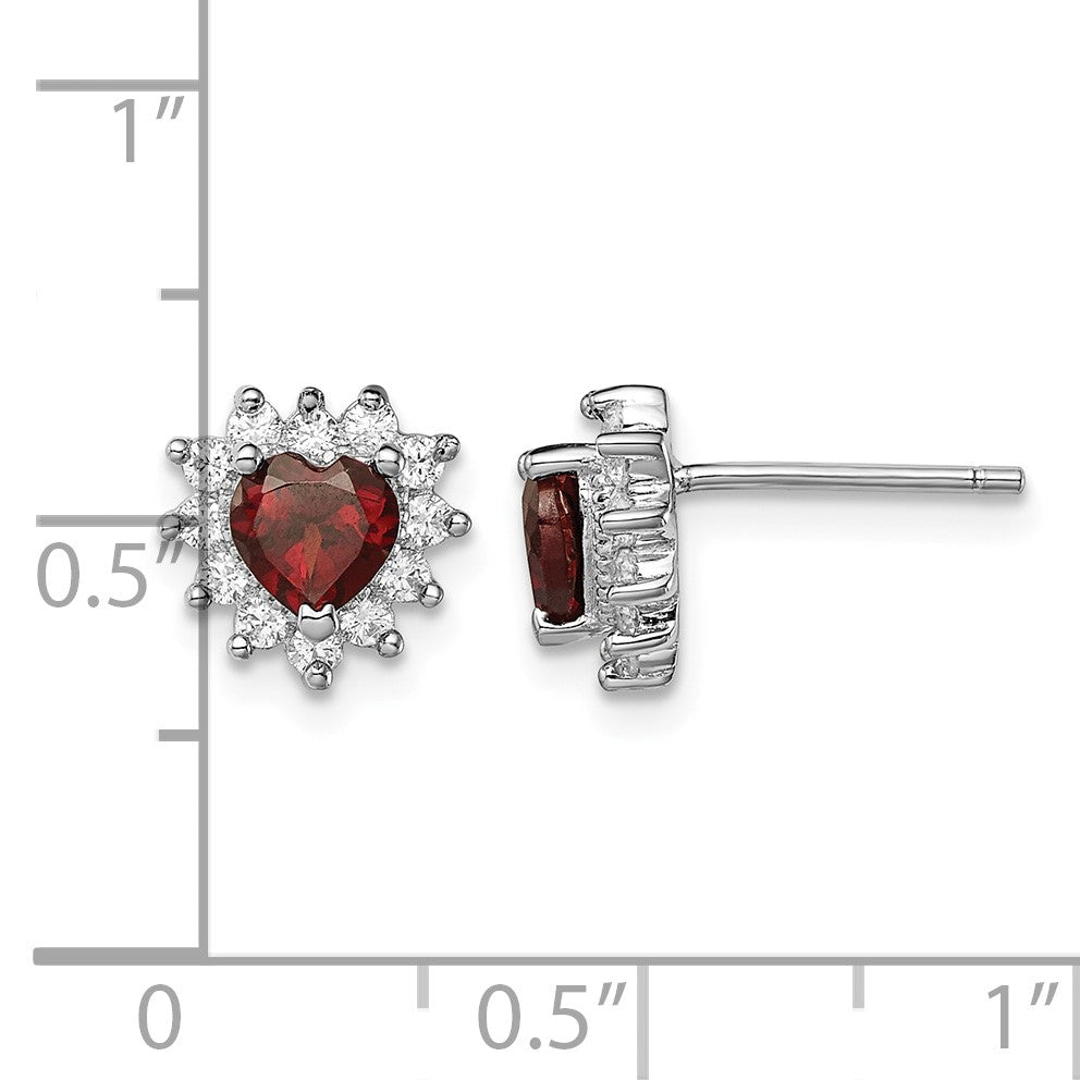 Sterling Silver Rhodium-plated Garnet and CZ Heart Earrings
