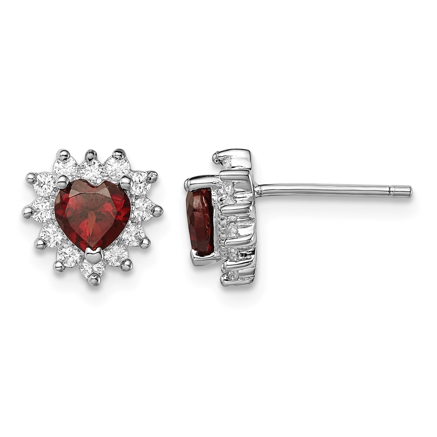 Sterling Silver Rhodium-plated Garnet and CZ Heart Earrings