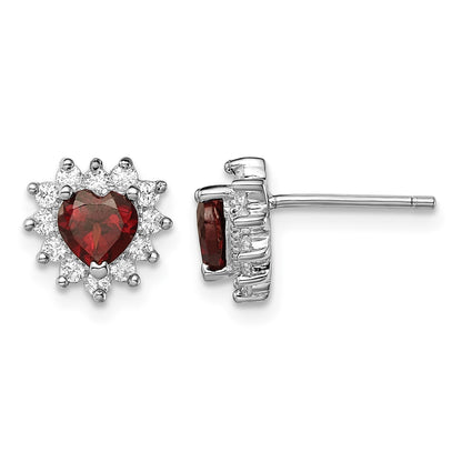 Sterling Silver Rhodium-plated Garnet and CZ Heart Earrings