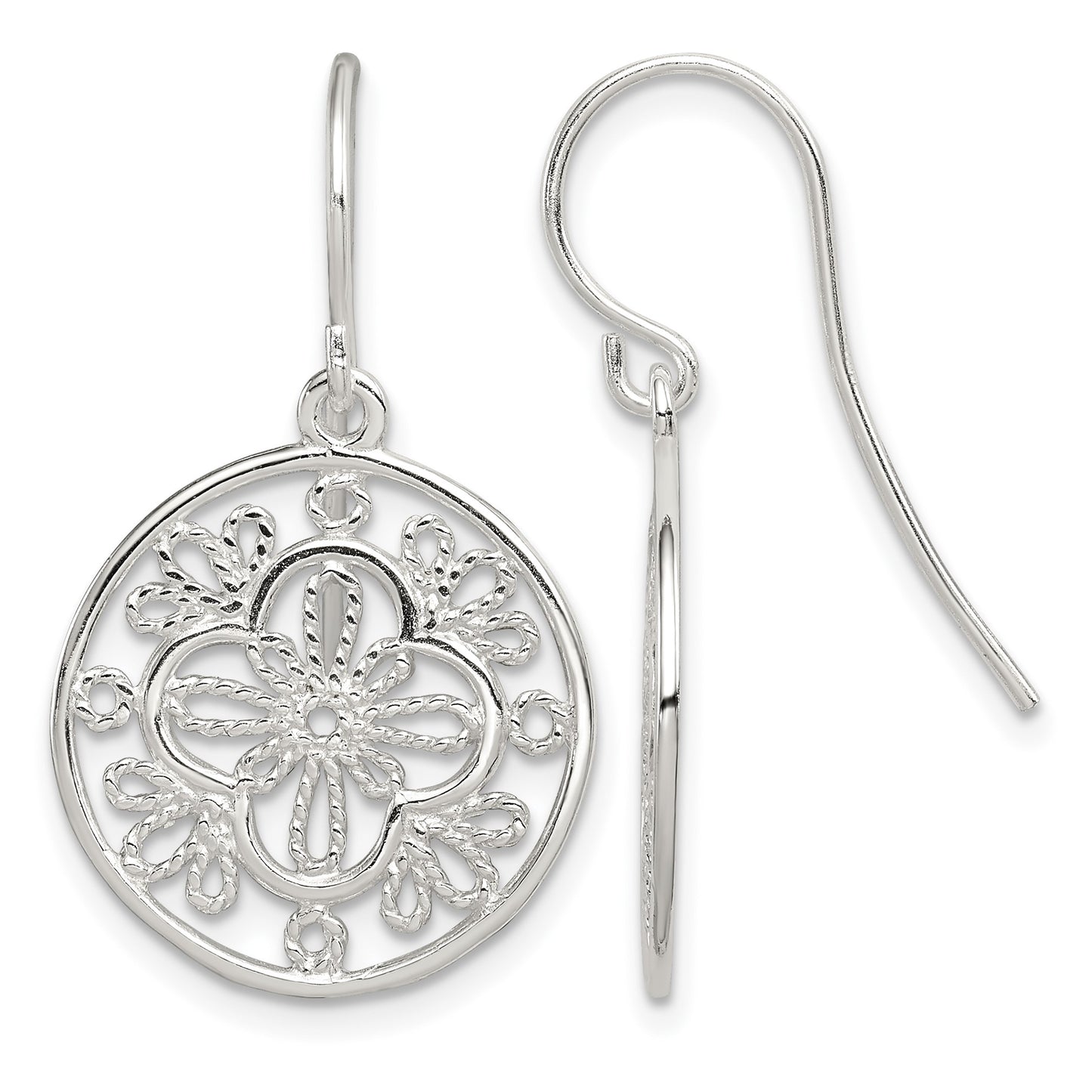 Sterling Silver Polished & Textured Filigree Circle Dangle Earrings