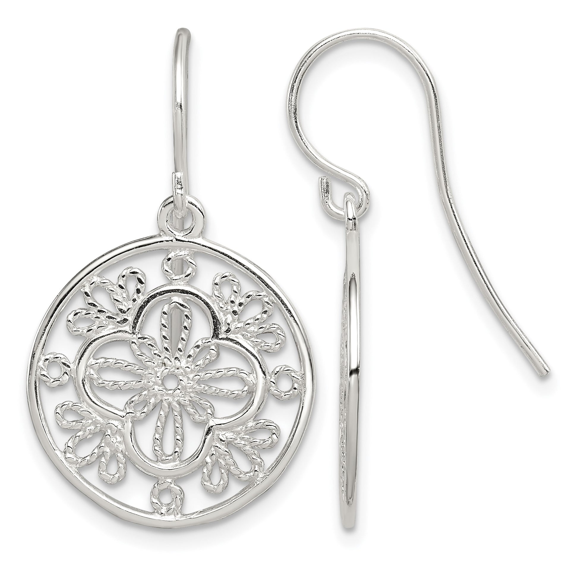 Sterling Silver Polished & Textured Filigree Circle Dangle Earrings