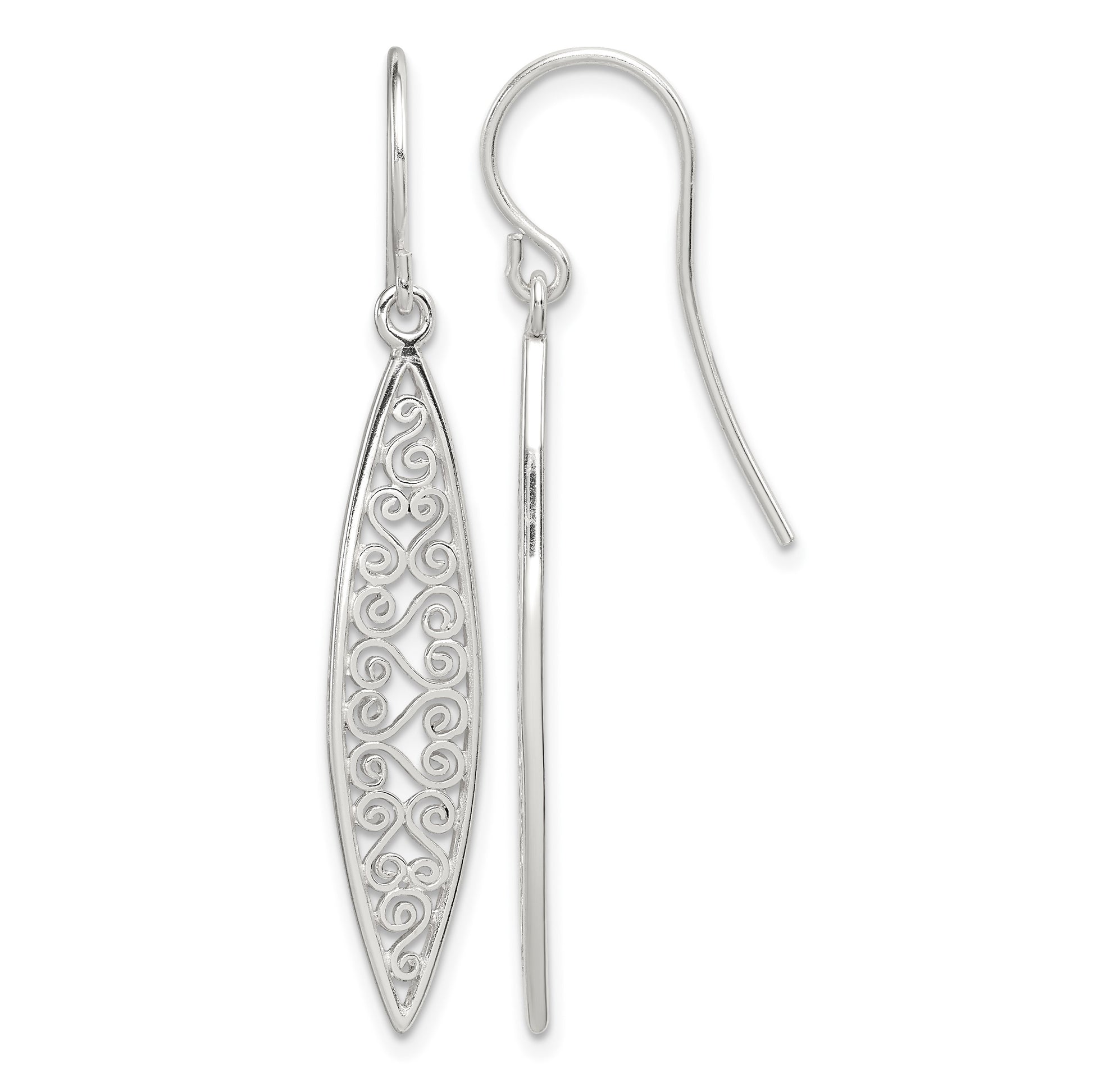 Sterling Silver Polished Filigree Marquise Shaped Dangle Earrings