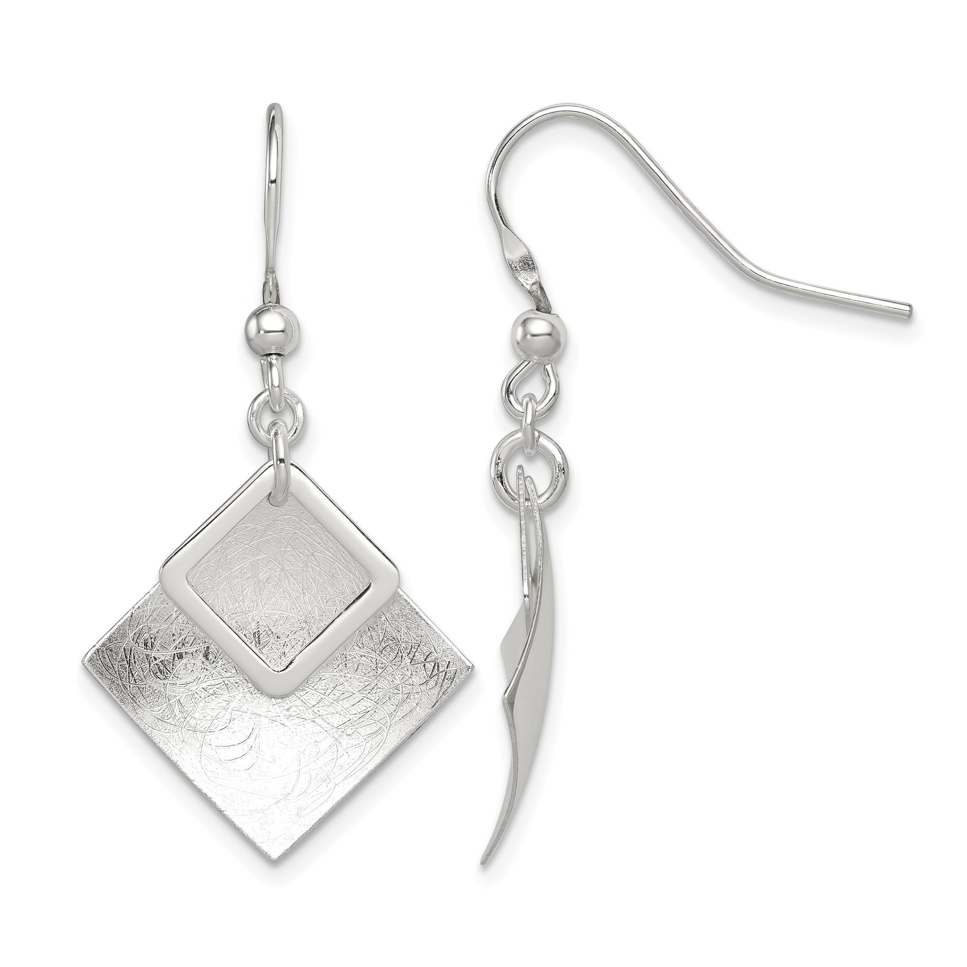 Sterling Silver Polished & Textured Double Diamond Shape Dangle Earrings