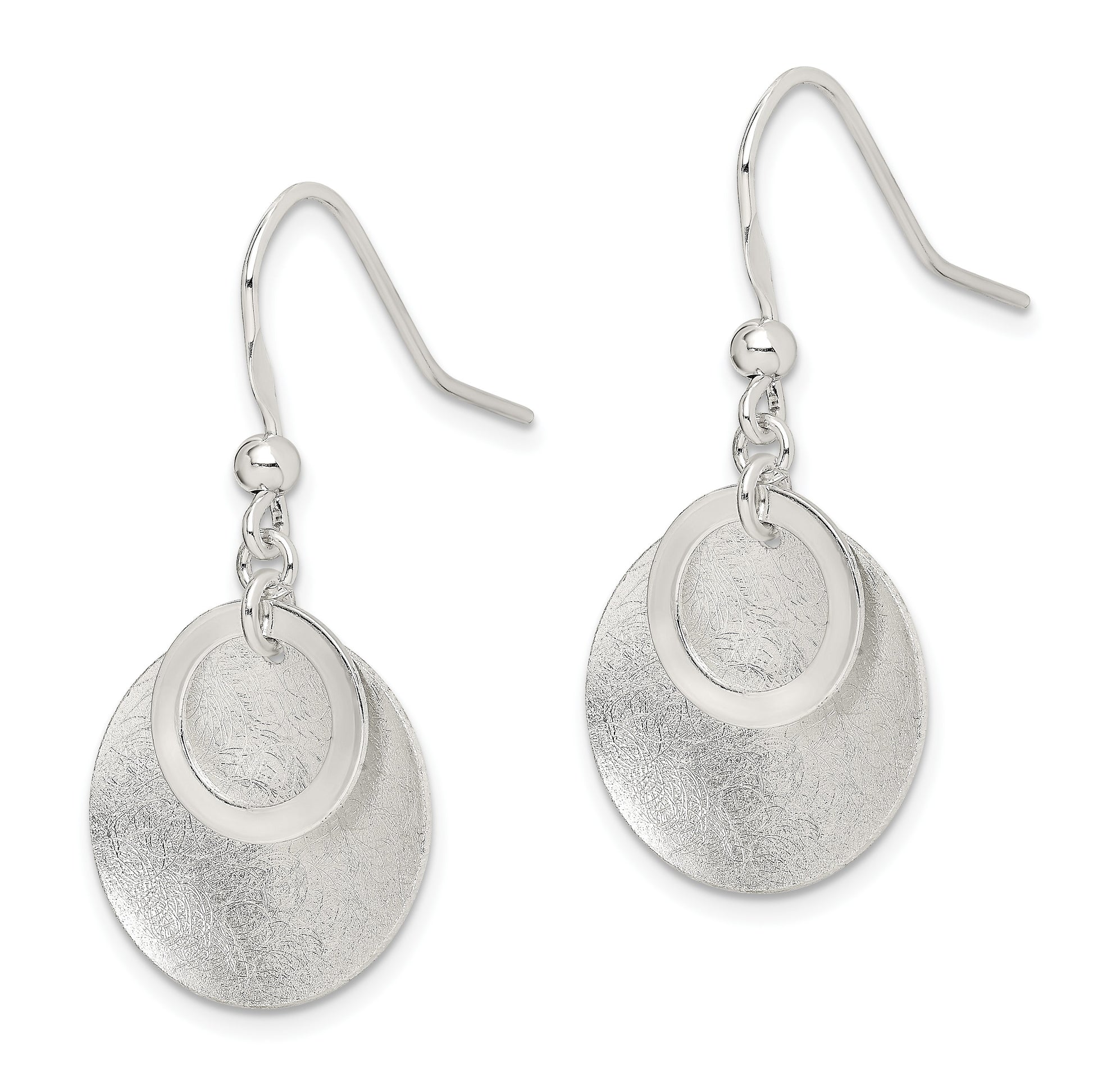 Sterling Silver Polished & Brushed Double Circle Dangle Earrings
