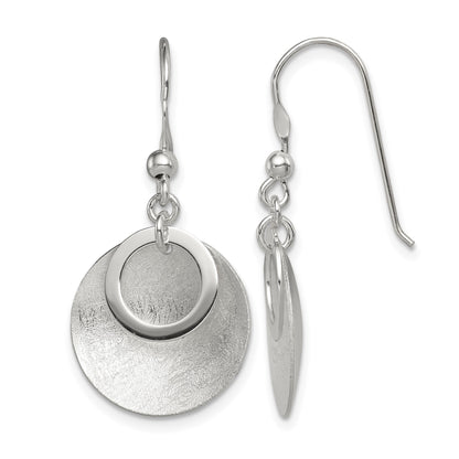Sterling Silver Polished & Brushed Double Circle Dangle Earrings