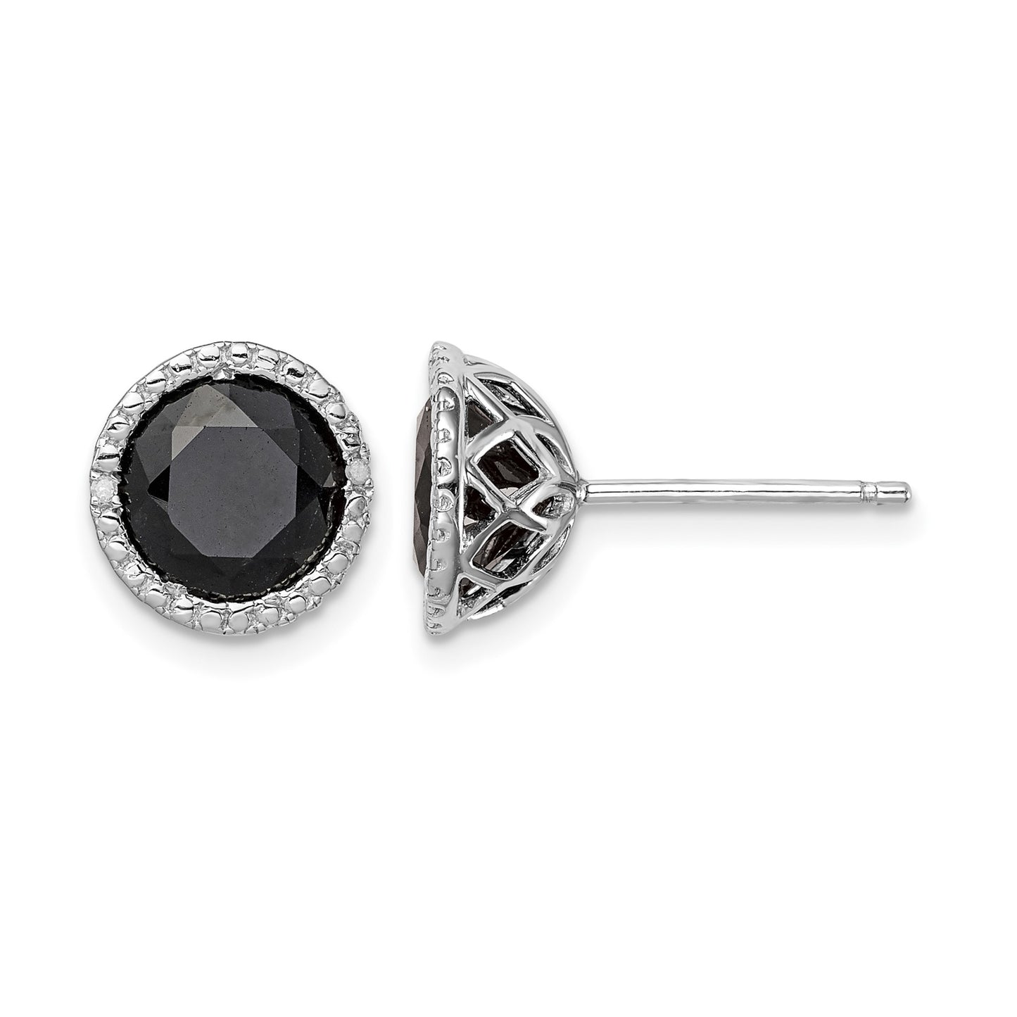 Sterling Silver Rhodium-plated Black Sapphire & Diamond Post Earrings