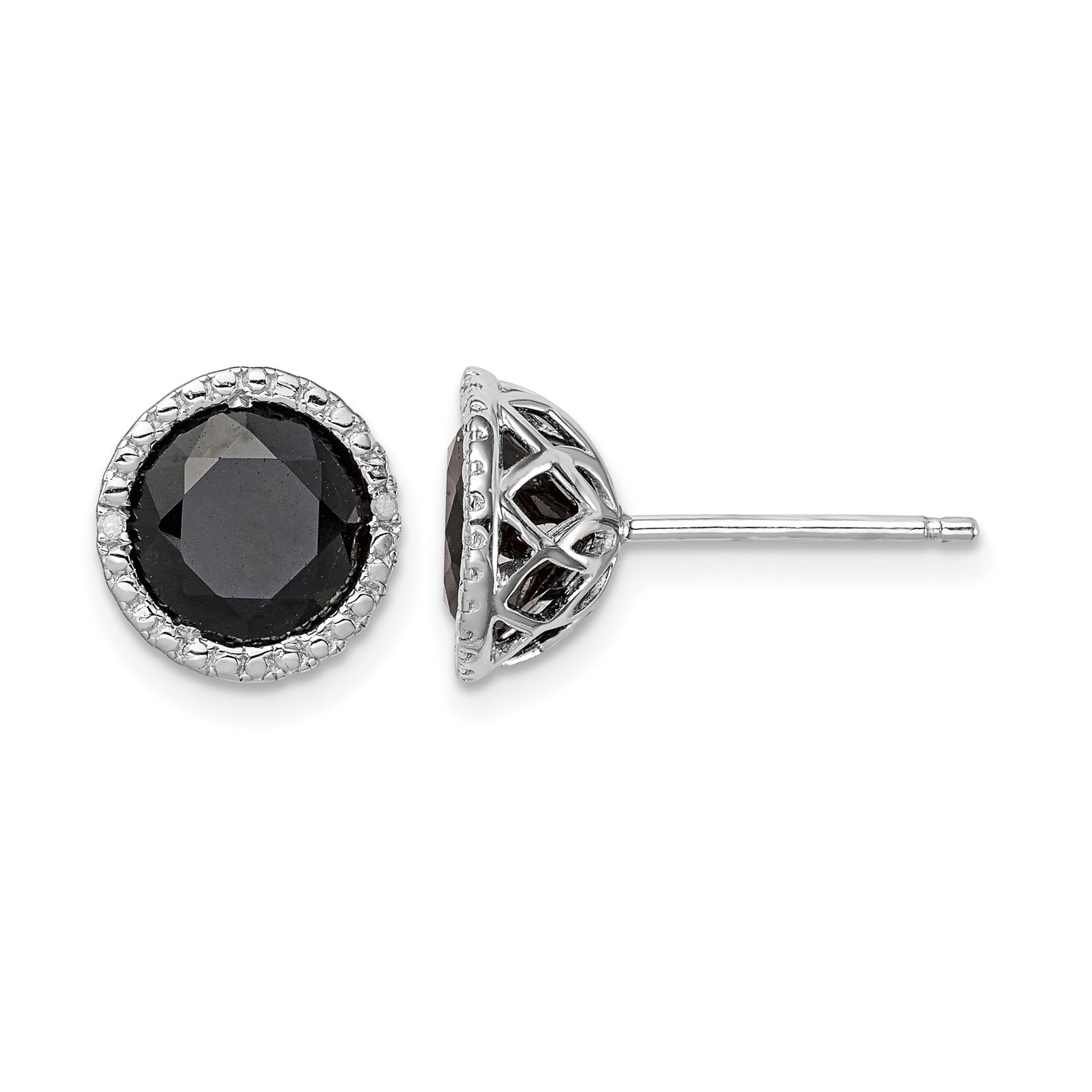 Sterling Silver Rhodium-plated Black Sapphire & Diamond Post Earrings