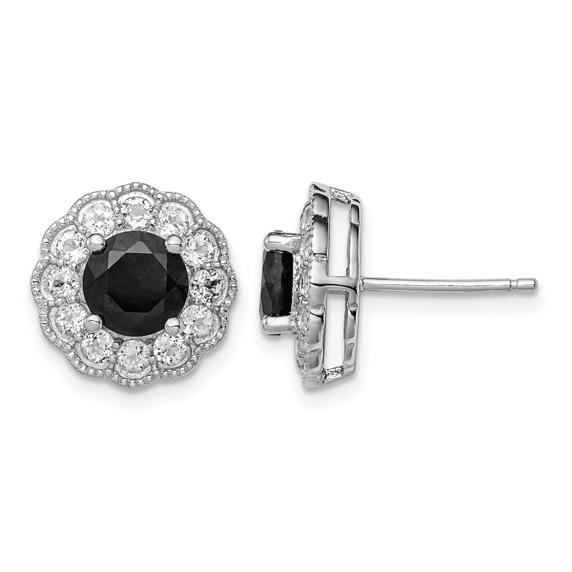 Sterling Silver Rhodium-plated Black Sapphire & White Topaz Post Earrings