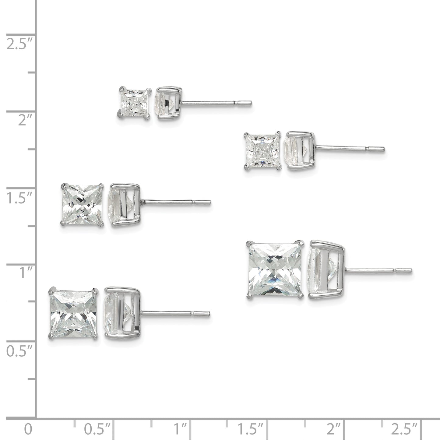 Sterling Silver Polished Square CZ 5-Pair Post Earrings Set