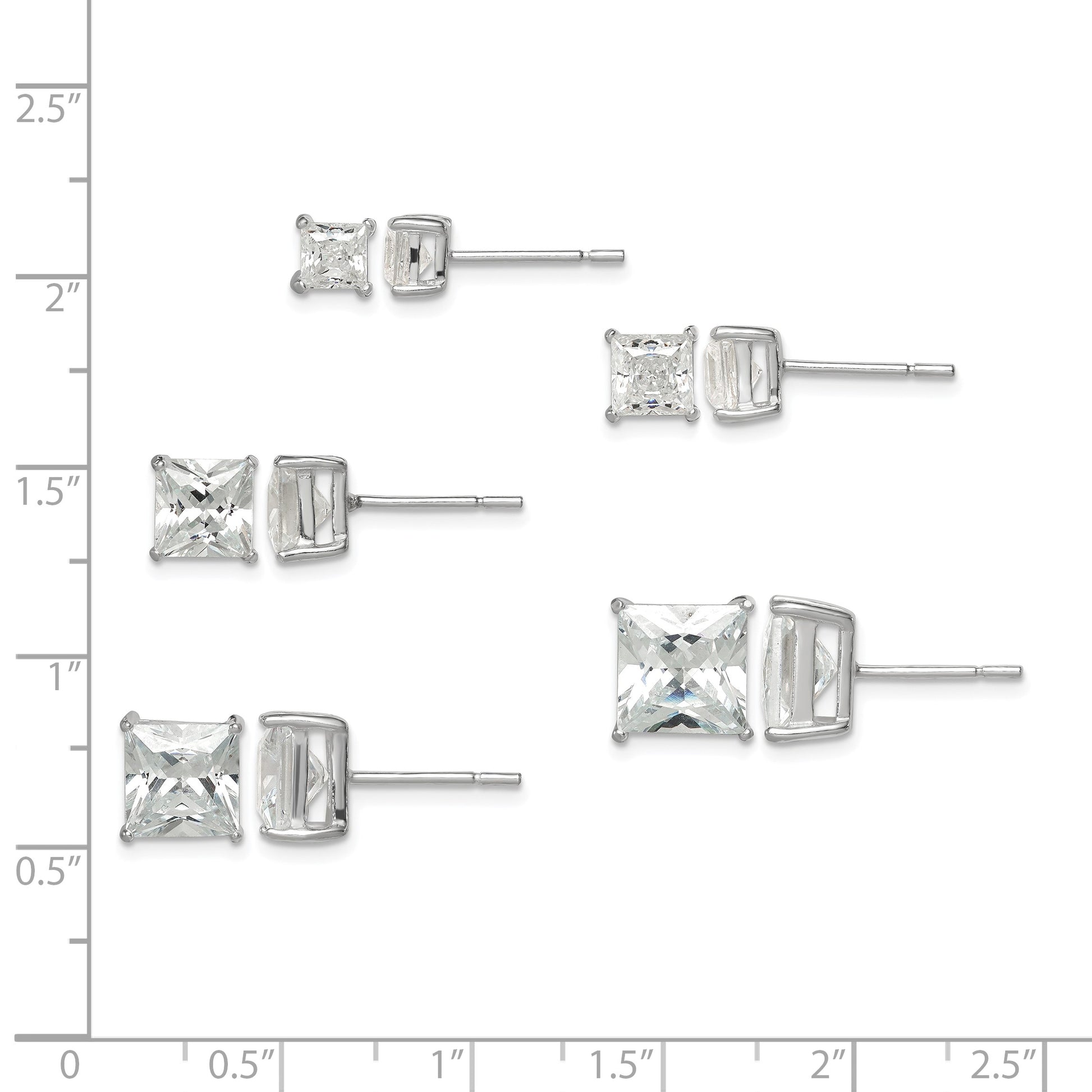 Sterling Silver Polished Square CZ 5-Pair Post Earrings Set
