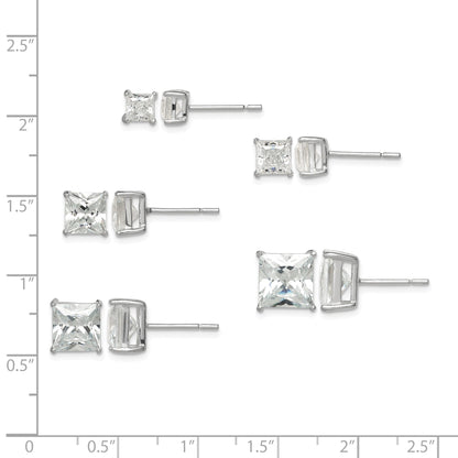 Sterling Silver Polished Square CZ 5-Pair Post Earrings Set