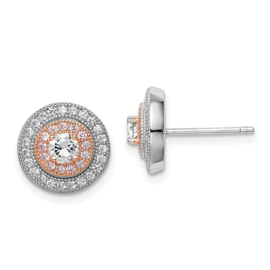 Sterling Silver Rhodium & Rose Gold-plated Pav� CZ Circle Post Earrings