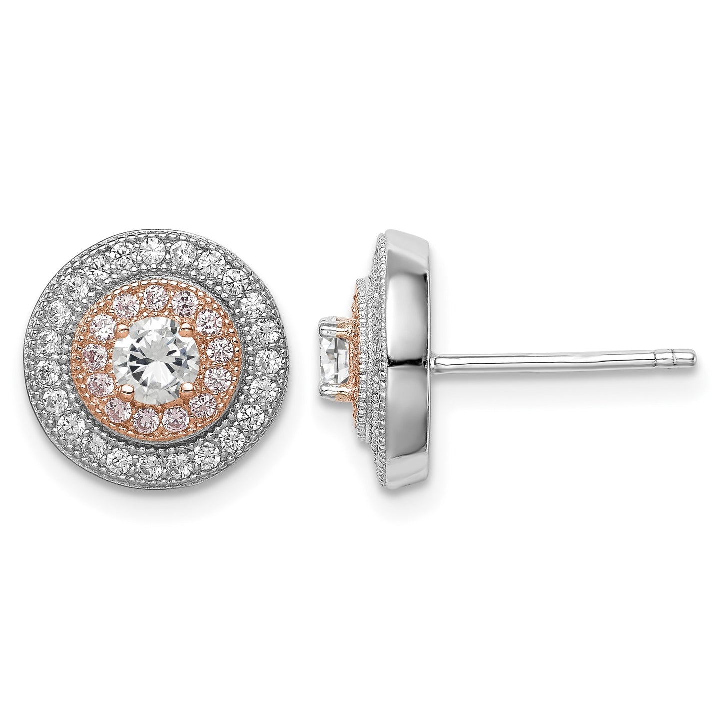 Sterling Silver Rhodium & Rose Gold-plated Pav� CZ Circle Post Earrings