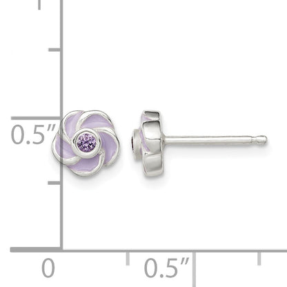 Sterling Silver Polished Purple CZ Enamel Flower Post Earrings