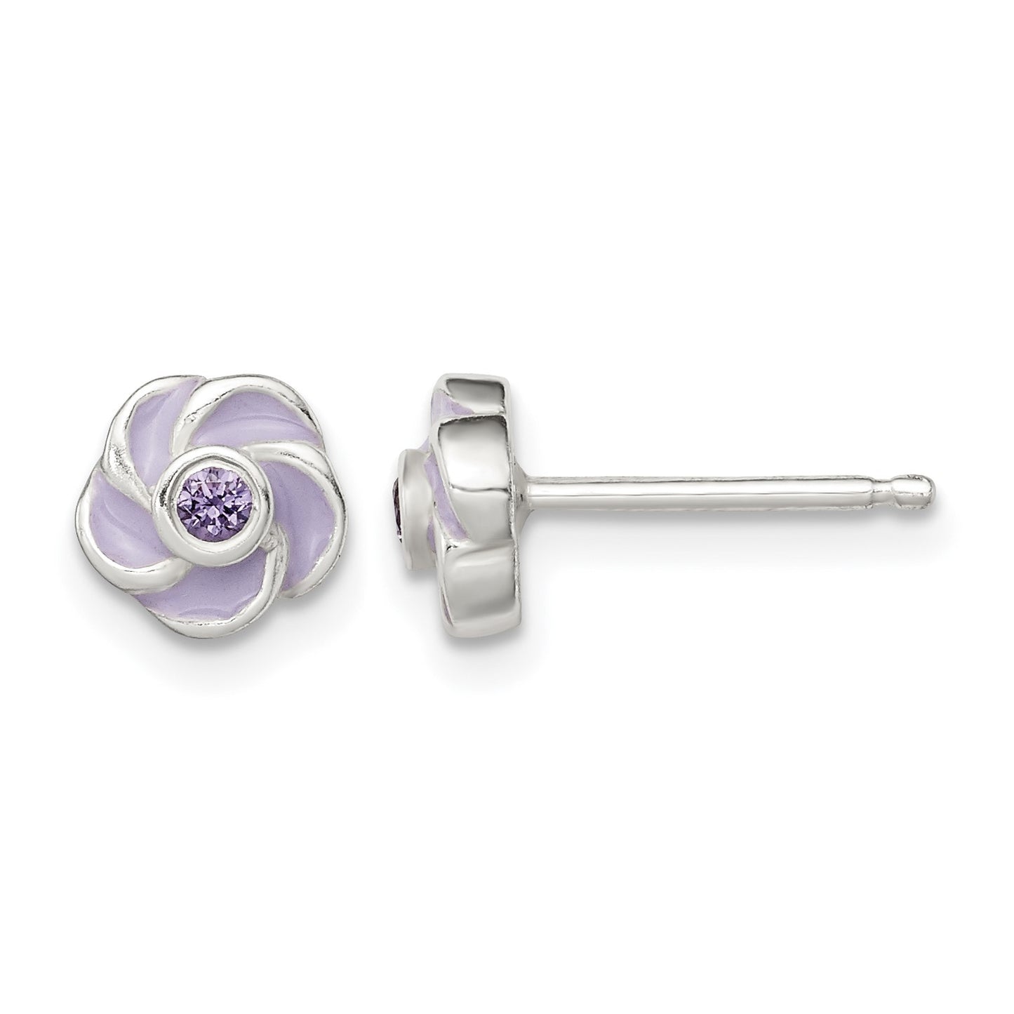 Sterling Silver Polished Purple CZ Enamel Flower Post Earrings