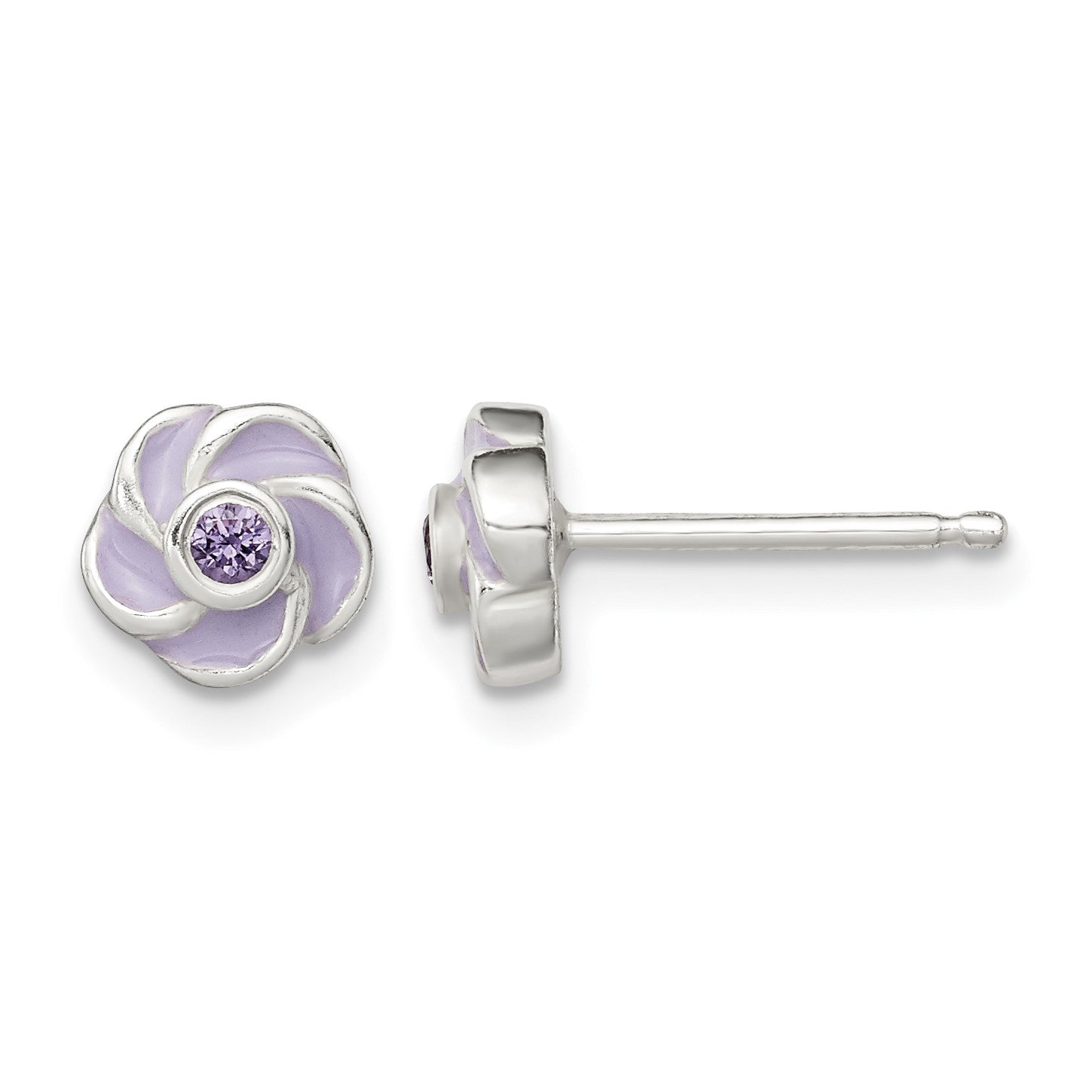 Sterling Silver Polished Purple CZ Enamel Flower Post Earrings