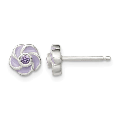 Sterling Silver Polished Purple CZ Enamel Flower Post Earrings