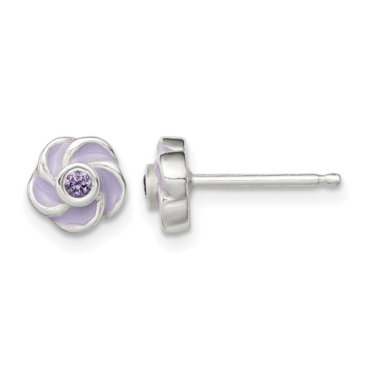 Sterling Silver Polished Purple CZ Enamel Flower Post Earrings