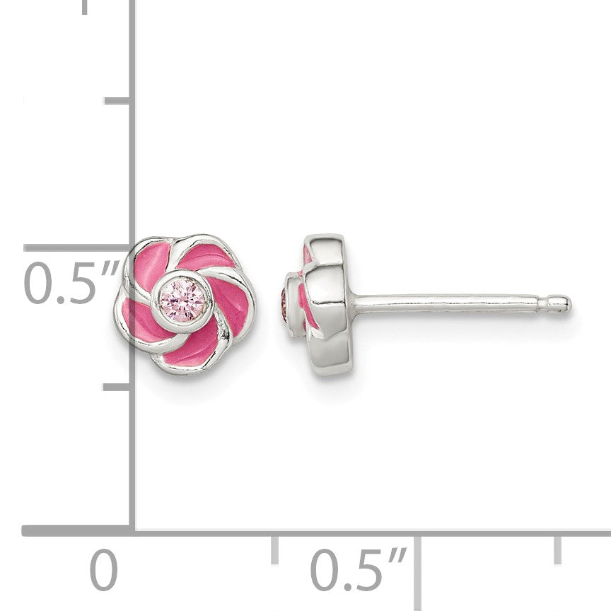 Sterling Silver Polished Enamel Flower CZ Post Earrings