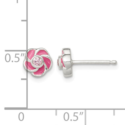 Sterling Silver Polished Enamel Flower CZ Post Earrings
