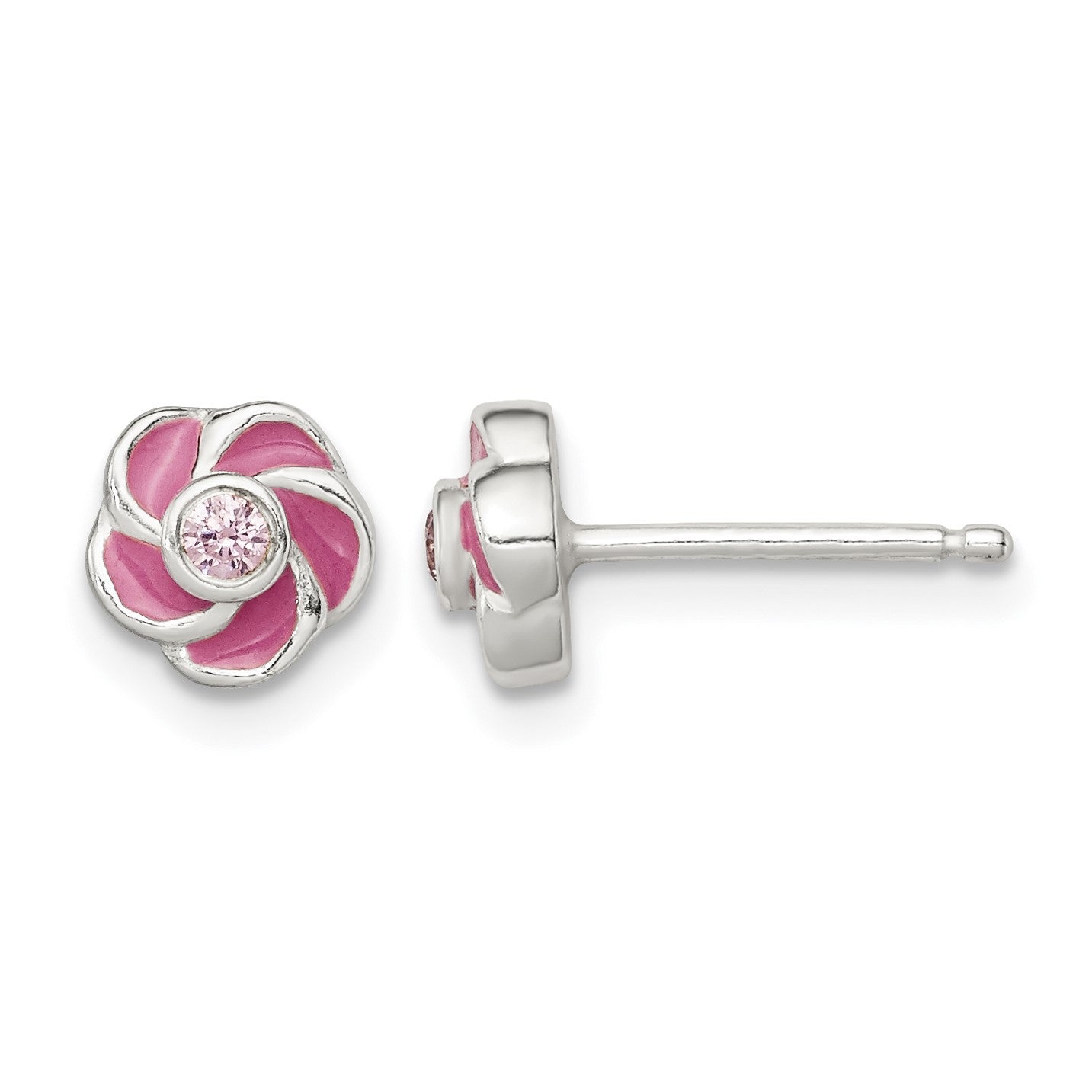 Sterling Silver Polished Enamel Flower CZ Post Earrings