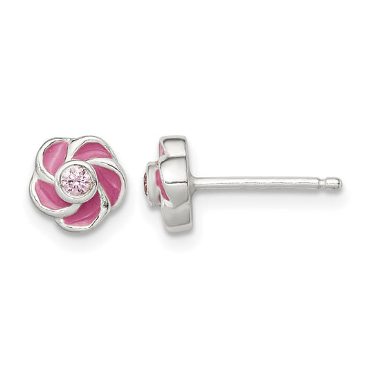 Sterling Silver Polished Enamel Flower CZ Post Earrings