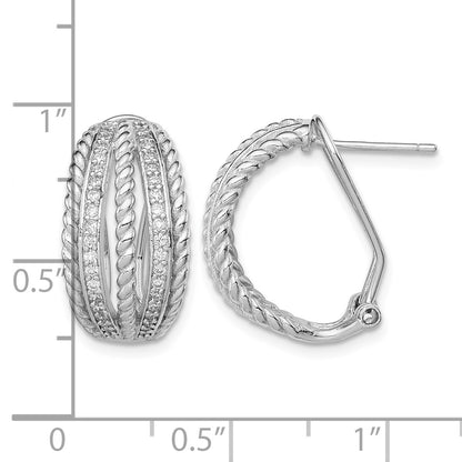 Sterling Silver RH-plated Polished Rope CZ Omega Back C-Hoop Earrings