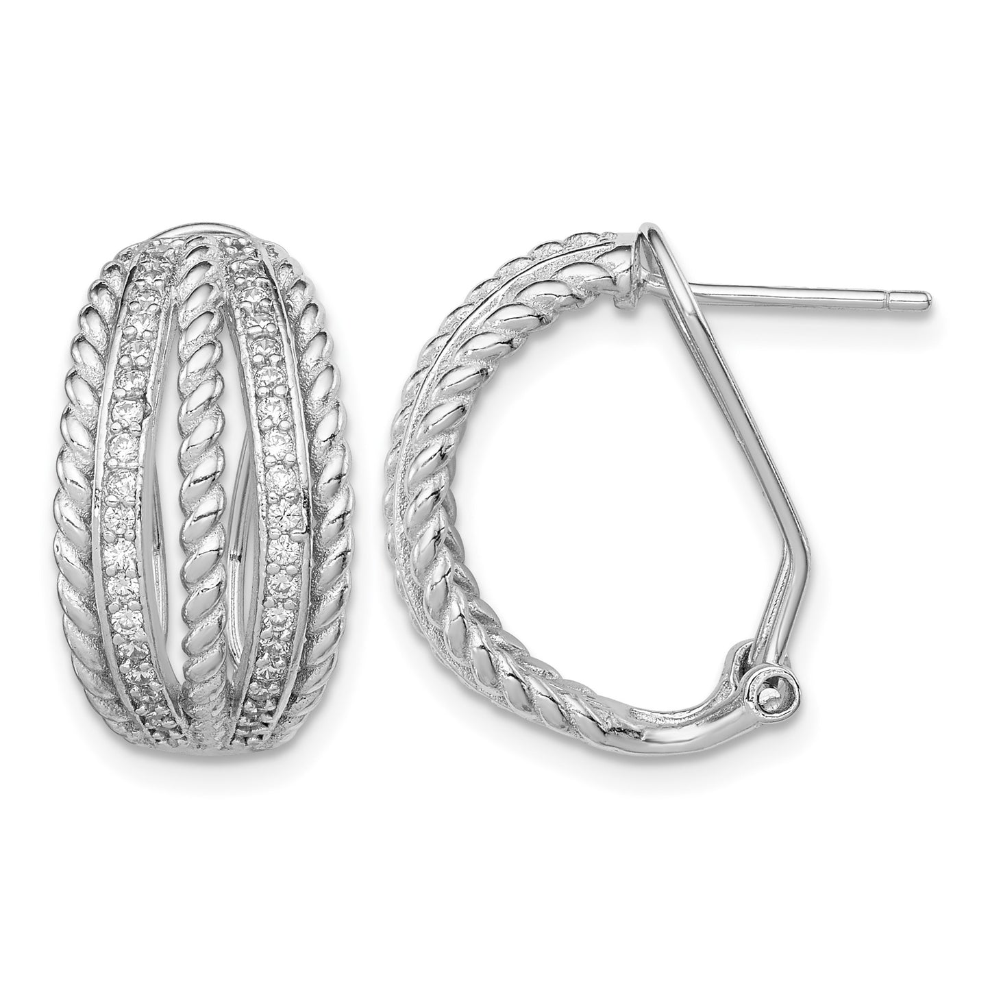 Sterling Silver RH-plated Polished Rope CZ Omega Back C-Hoop Earrings