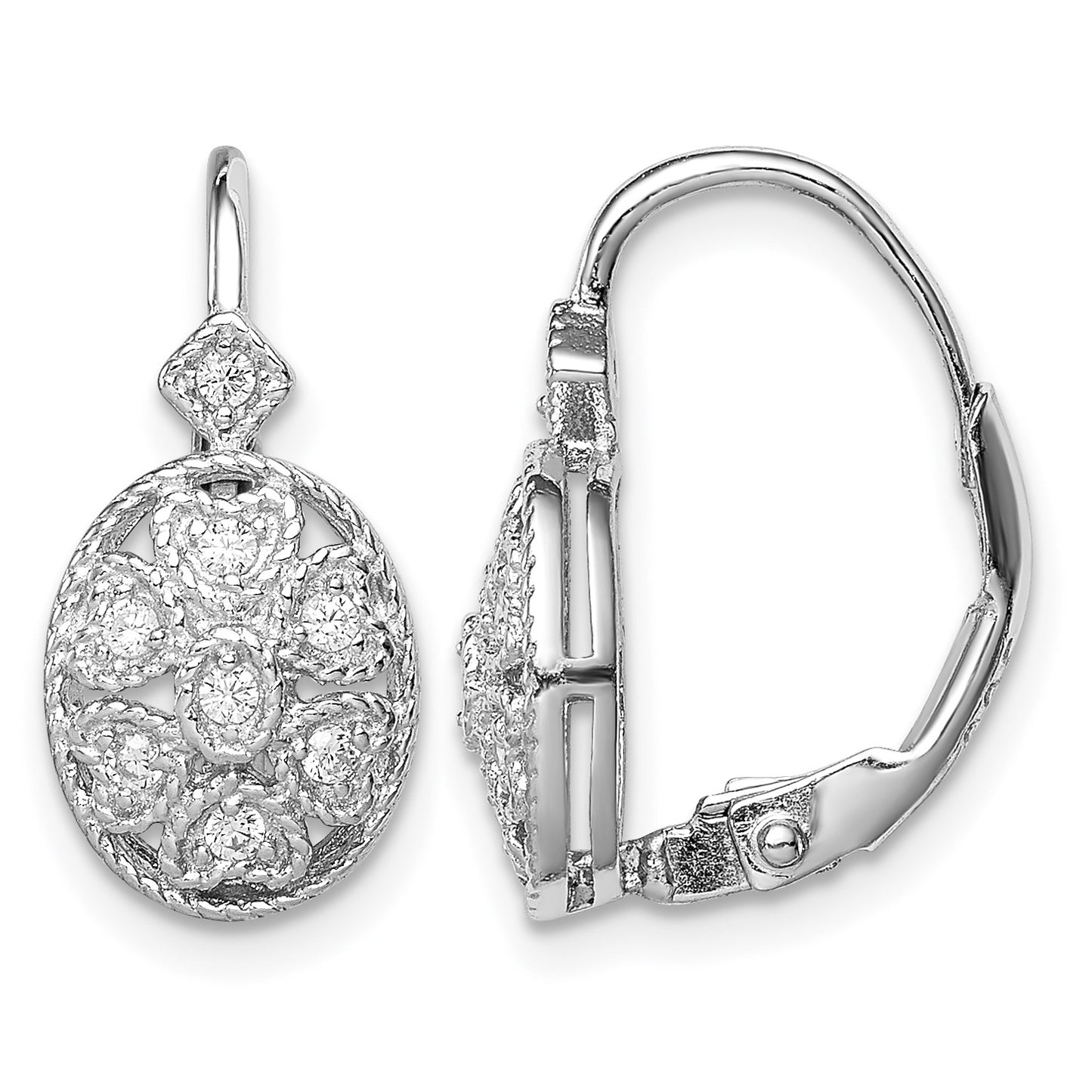 Sterling Silver Rhodium-plated Polished CZ Leverback Earrings